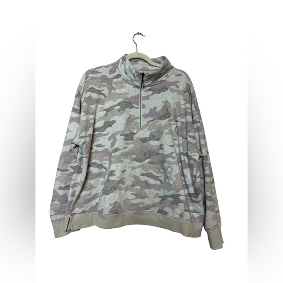 Old Navy Womens Quarter Zip Sweatshirt Beige Pink Camo Kangaroo Pouch Pocket XL - Picture 2 of 10